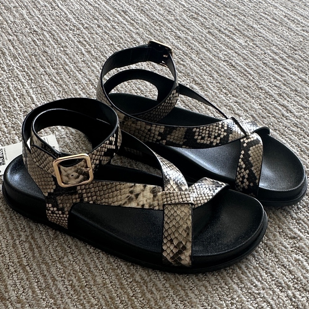 H&M Women's Snake-Print Ankle-Strap Sandals - Black & Beige size 39, US 8